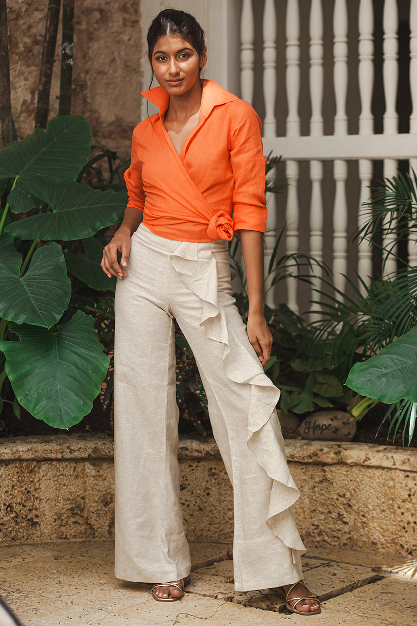 Ruffle Leg Linen Pant