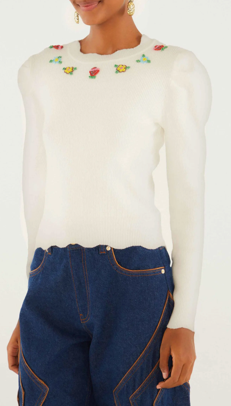 Flower Embroidered Knit Top