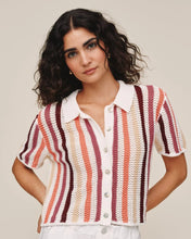 Load image into Gallery viewer, Short Sleeve Open Knit Stripe Button Down
